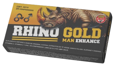 Rhino Gold — Caja Rhino Gold Man Enhance con 20 comprimidos, indicada como suplemento dietario.