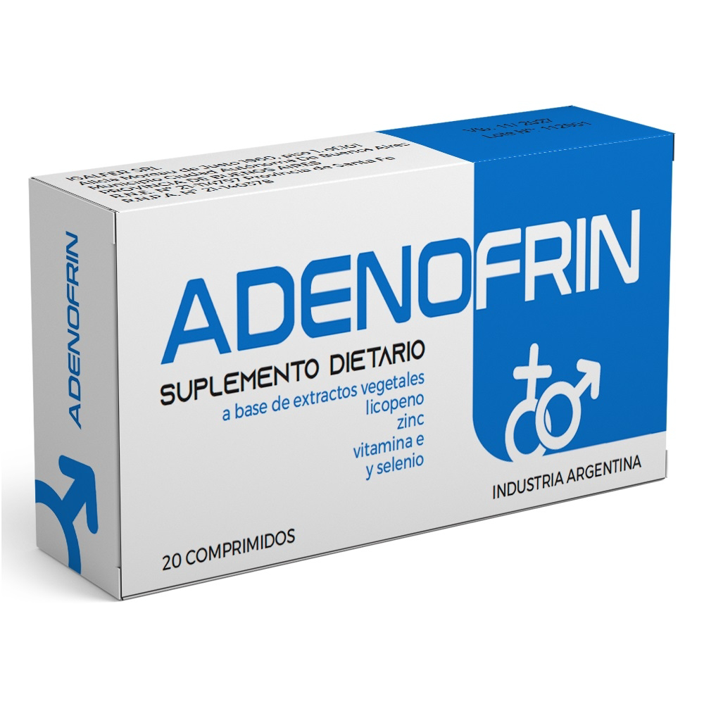 Caja azul y blanca Adenofrin con 20 comprimidos, industria argentina