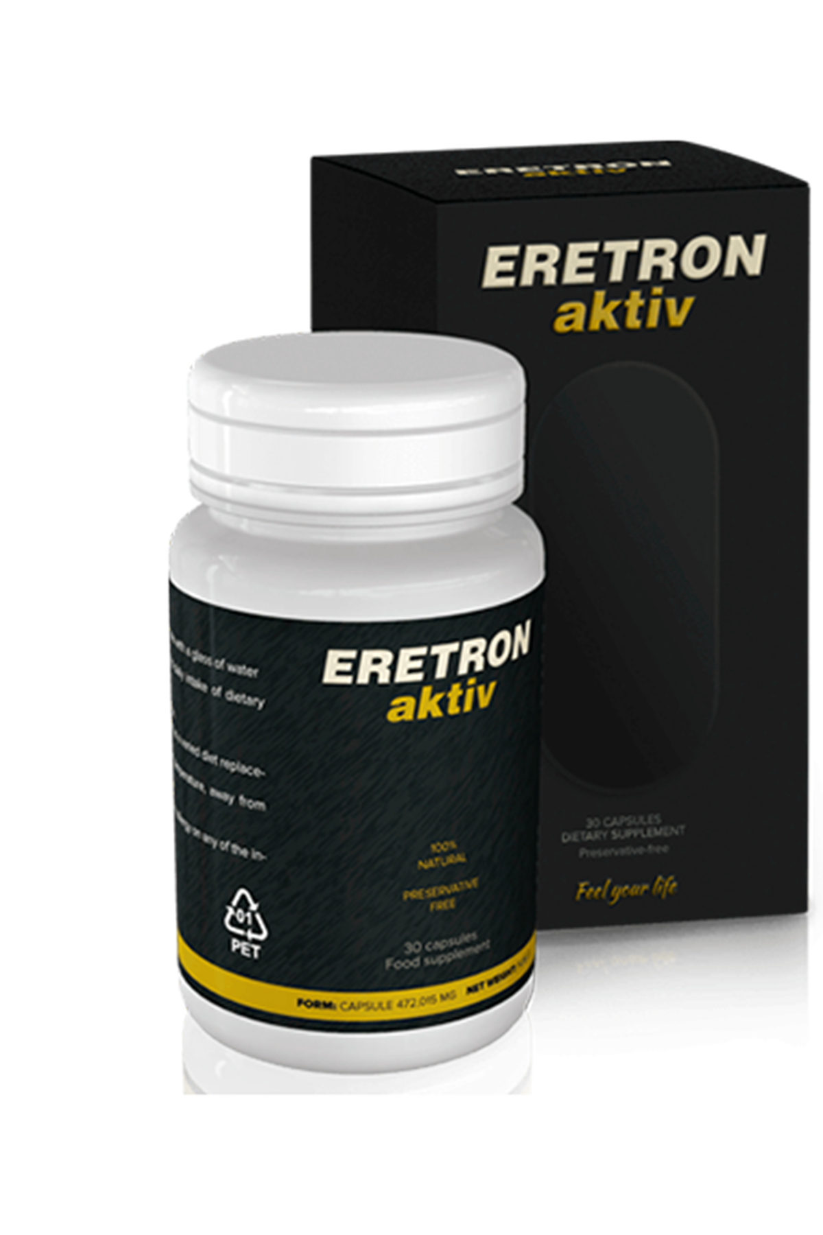 Eretron Aktiv — Packung und Flasche Eretron Aktiv mit 30 Kapseln.