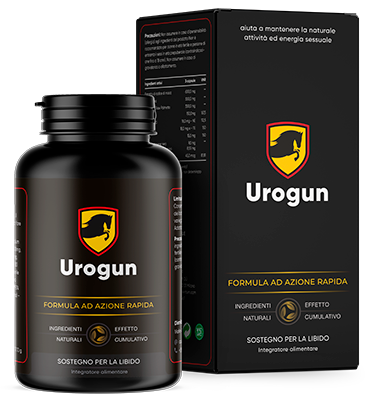 Urogun — Flasche und Schachtel Urogun, als Nahrungsergänzungsmittel gekennzeichnet.