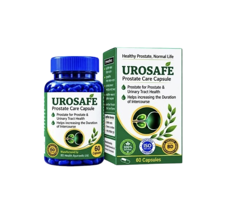Urosafe Prostate Care Capsule-এর ৬০ ক্যাপসুলের নীল বোতল ও সবুজ-সাদা বাক্স
