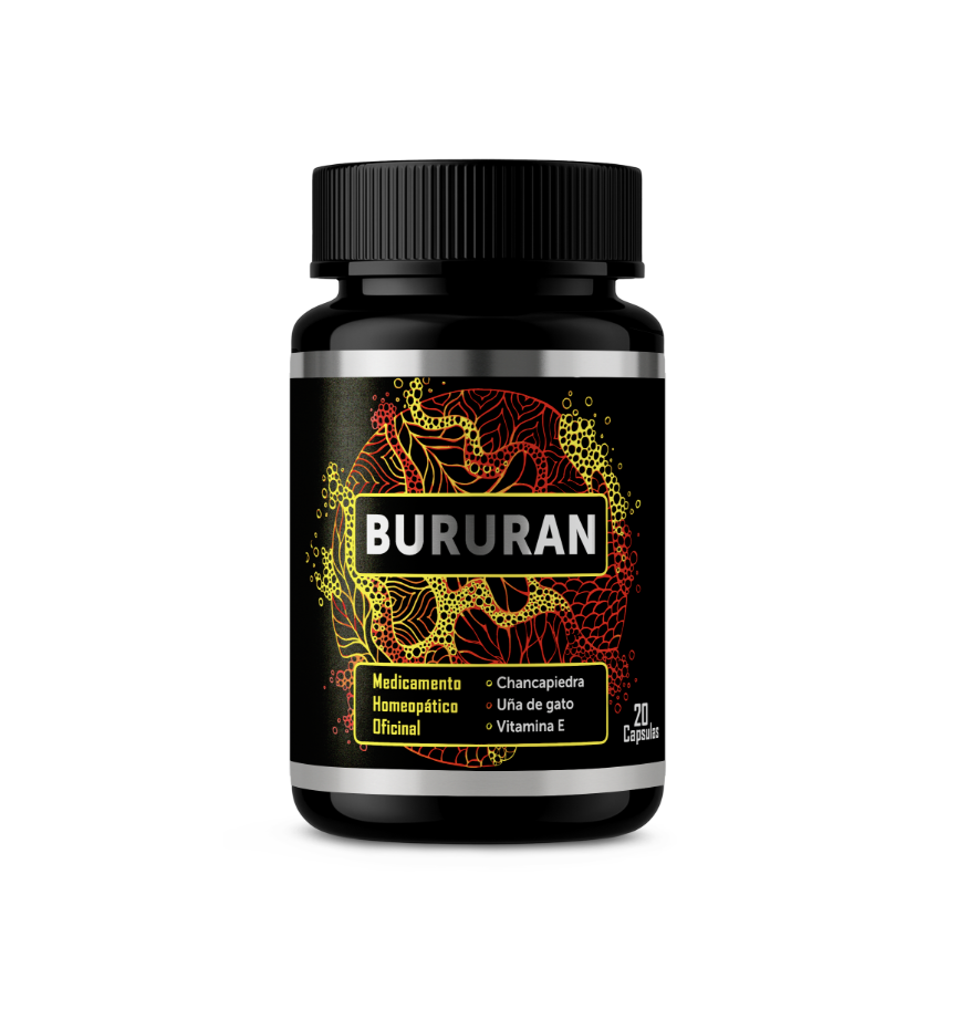 Frasco Bururan de 20 cápsulas con chancapiedra, uña de gato y vitamina E en la etiqueta