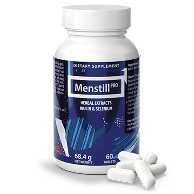Láhev Menstill Pro s 60 tabletami, označenými bylinnými extrakty, inulinem a selenem.