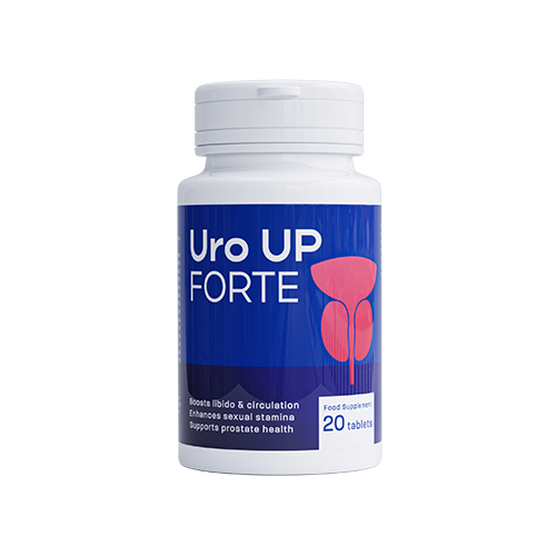 Uro UP Forte — Flasche Uro UP Forte mit 20 Tabletten, als Nahrungsergänzungsmittel gekennzeichnet.