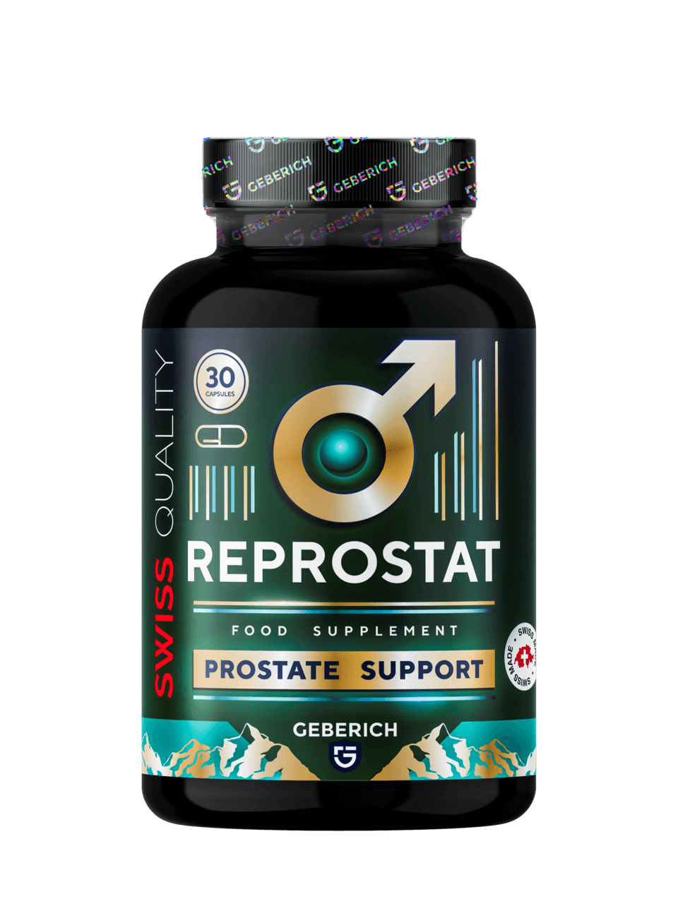 Reprostat — Flasche Reprostat mit 30 Kapseln, als Nahrungsergänzungsmittel gekennzeichnet.