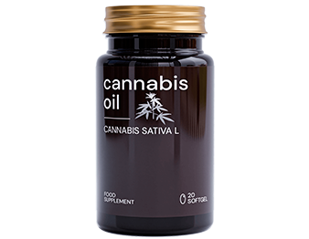 Cannabis Oil — Flasche Cannabis Oil mit 20 Softgel-Kapseln, als Nahrungsergänzungsmittel gekennzeichnet.