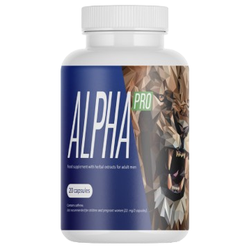 AlphaPro — Flasche AlphaPro mit 20 Kapseln, als Nahrungsergänzungsmittel gekennzeichnet.