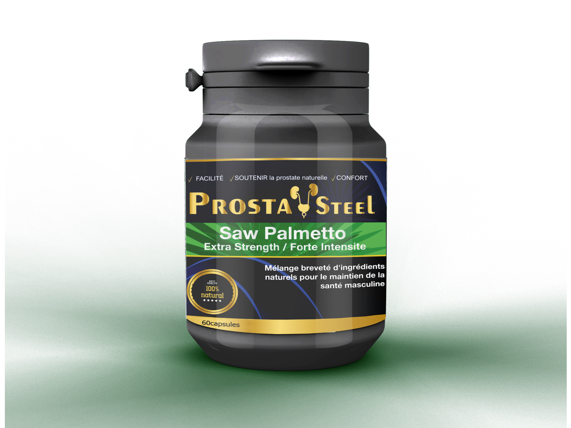 عبوة ProstaSteel سوداء وخضراء من 60 كبسولة مع Saw Palmetto