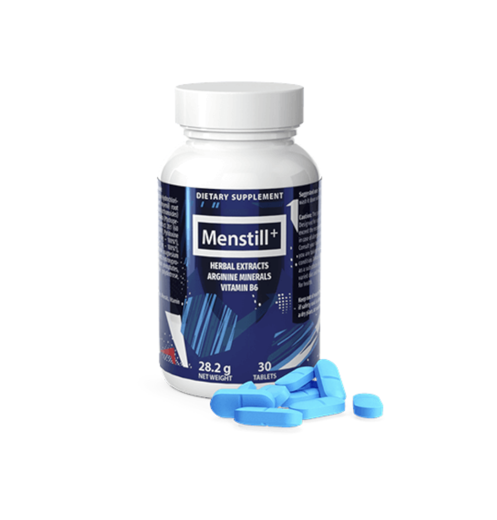 Menstill+ pudel, milles on 30 tabletti, märgistatud taimeekstraktid, arginiin, mineraalid ja vitamiin B6.