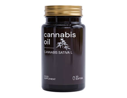 Cannabis Oil — Frasco Cannabis Oil de 20 cápsulas blandas, identificado como suplemento alimenticio.