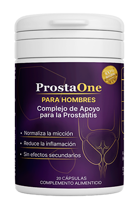 ProstaOne — Frasco ProstaOne para hombres con 20 cápsulas, identificado como complemento alimenticio.