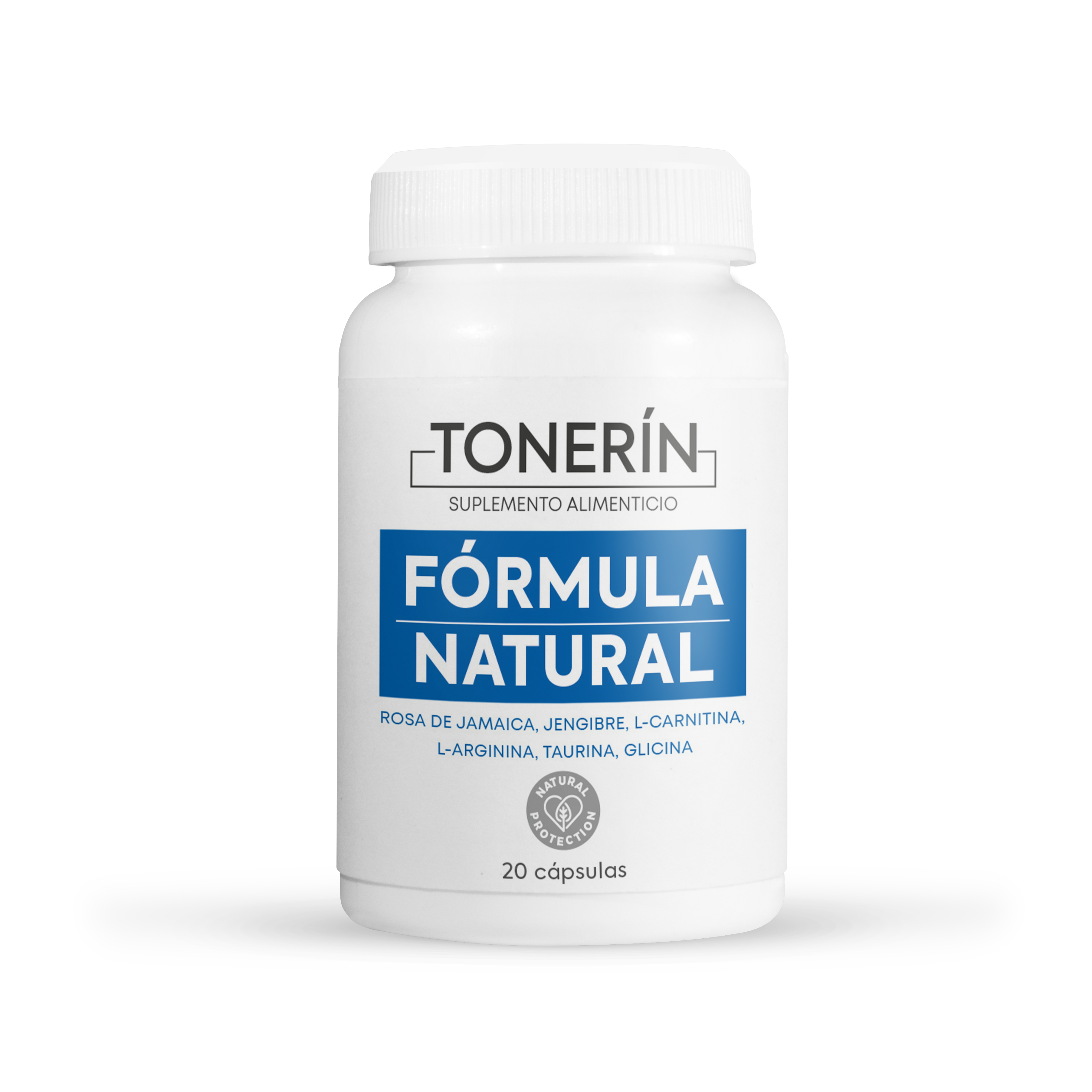 Tonerín es un complemento alimenticio en un frasco de 20 cápsulas.