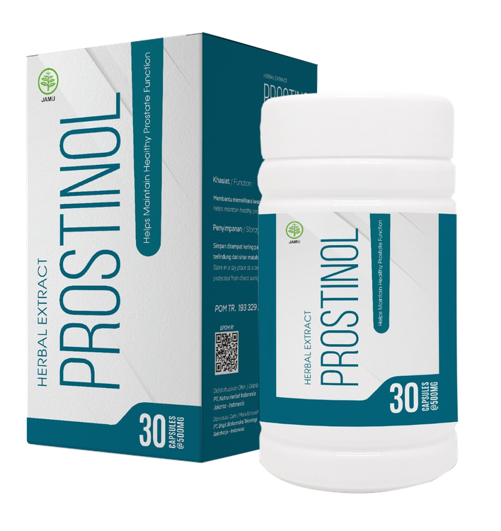Prostinol — Kotak dan botol Prostinol berisi 30 kapsul, masing-masing 500 mg.