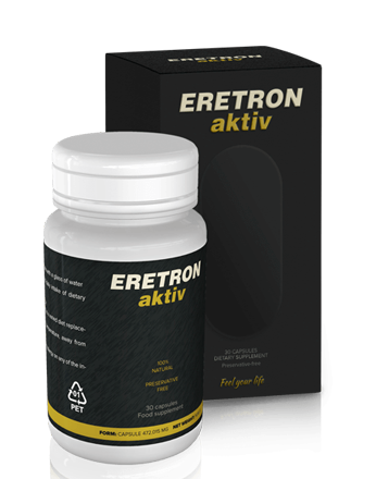 Eretron Aktiv — Confezione e flacone Eretron Aktiv con 30 capsule.