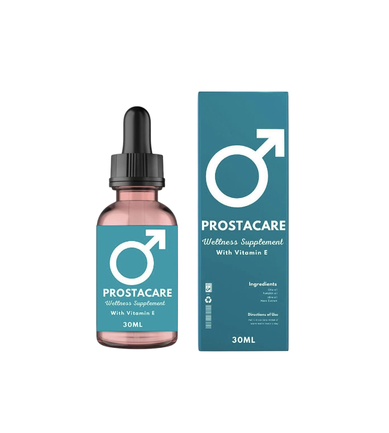 Prostacare 30 ml dropper bottle and turquoise box with Vitamin E