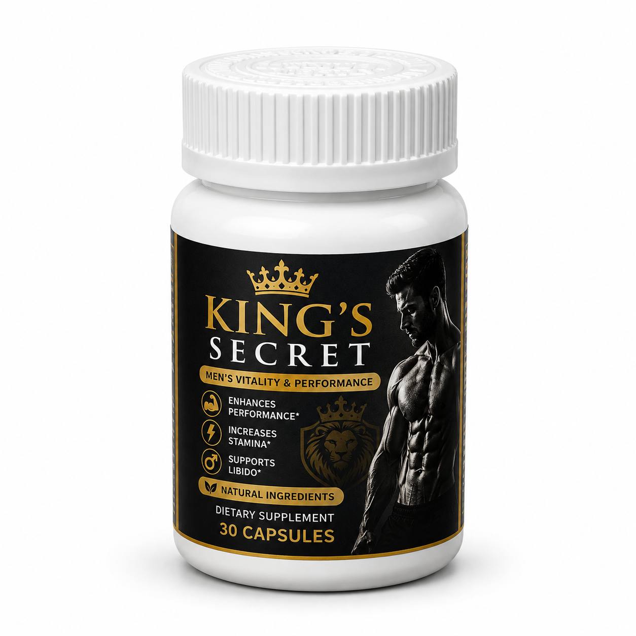 White King's Secret bottle with black-and-gold label and 30 capsules marking