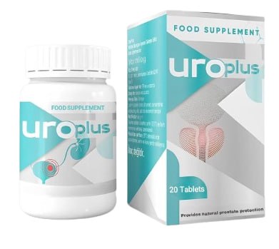 علبة Uroplus البيضاء والتركوازية وزجاجة تحتوي على 20 قرصاً