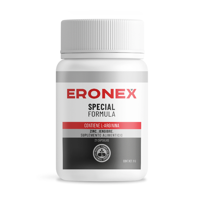 Frasco blanco Eronex Special Formula de 21 cápsulas, con L-arginina, zinc y jengibre indicados en la etiqueta.