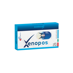 Caja azul y blanca de Xenopos, presentación de 24 cápsulas.