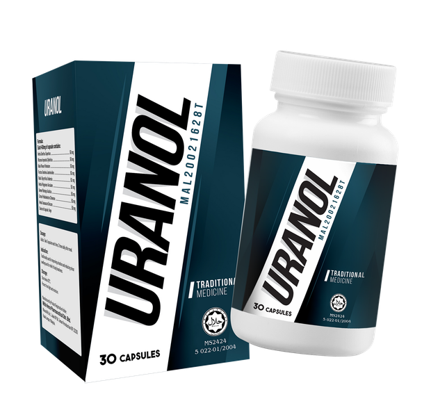 Uranol — Kotak dan botol Uranol berlabel ubat tradisional, mengandungi 30 kapsul.