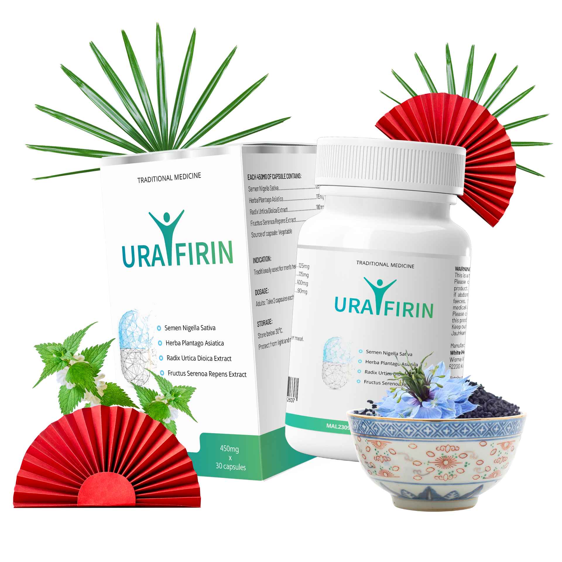 Urafirin — Kotak dan botol Urafirin berlabel ubat tradisional, 450 mg × 30 kapsul pada kotak.