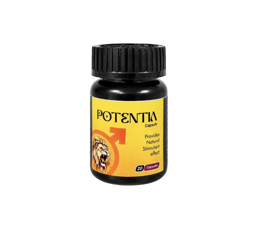Potentia black bottle with yellow label, 20 capsules