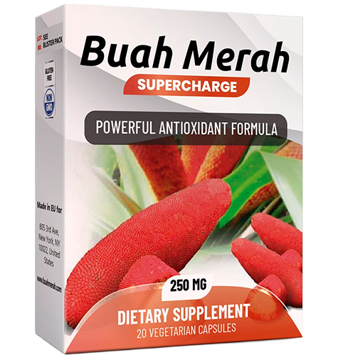 Buah Merah — Box of Buah Merah Supercharge, 20 vegetarian capsules, 250 mg shown on the front.