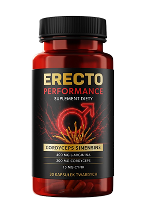 Erecto Performance — Butelka Erecto Performance zawierająca 30 twardych kapsułek, oznaczona jako suplement diety.