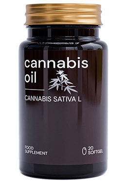 Cannabis Oil — Frasco Cannabis Oil com 20 cápsulas moles, identificado como suplemento alimentar.