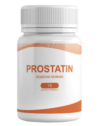 Prostatin — Steklenička Prostatina s 15 rastlinskimi kapsulami, označena kot prehransko dopolnilo.