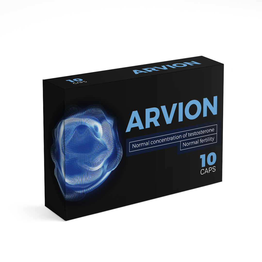 Škatlica ARVION z 10 kapsulami, ki govorijo o normalni koncentraciji testosterona in plodnosti.