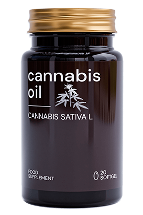 Cannabis Oil — Steklenička Cannabis Oil z 20 mehkimi kapsulami; na sprednji strani je navedeno Cannabis sativa L.