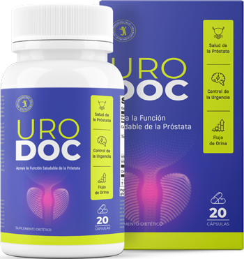Urodoc — Frasco y caja Uro Doc de 20 cápsulas, identificados como suplemento dietético.