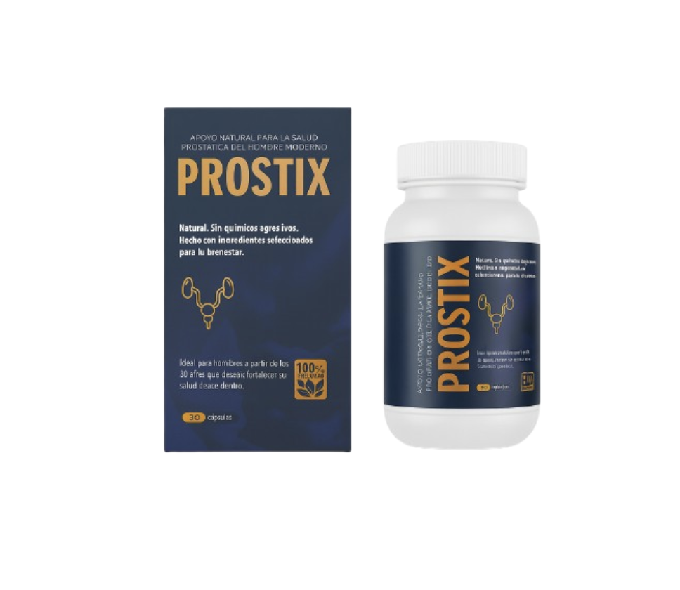Caja y frasco azul oscuro Prostix; 30 cápsulas indicadas en el envase.