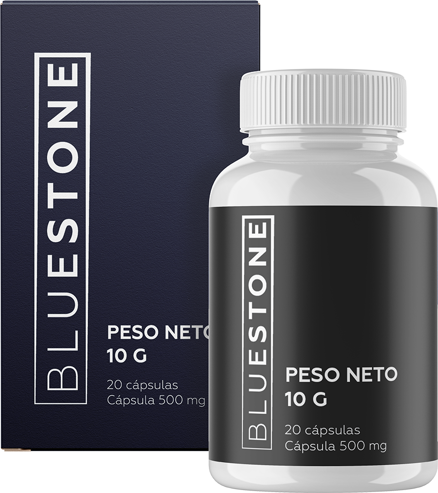 Caja oscura y frasco blanco Bluestone; 20 cápsulas de 500 mg, peso neto 10 g.
